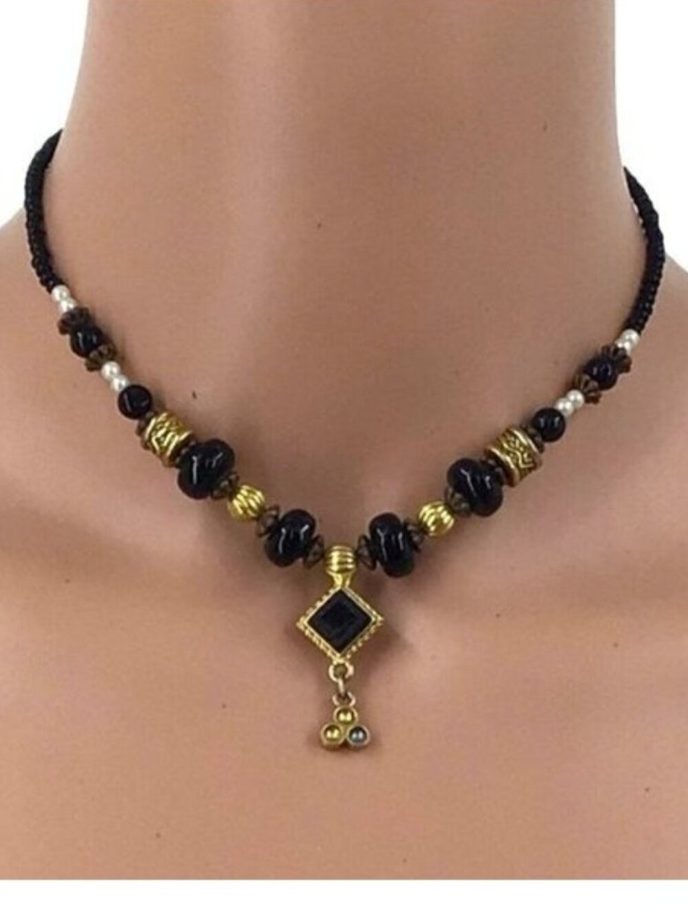 Robert Rose Necklace Black Beaded Gold Tone Accents Adjustable Length